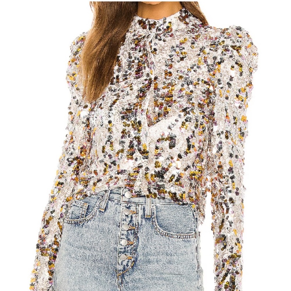 House of Harlow 1960 x Revolve Silvio Sequin Blouse Party Top Gold Silver M